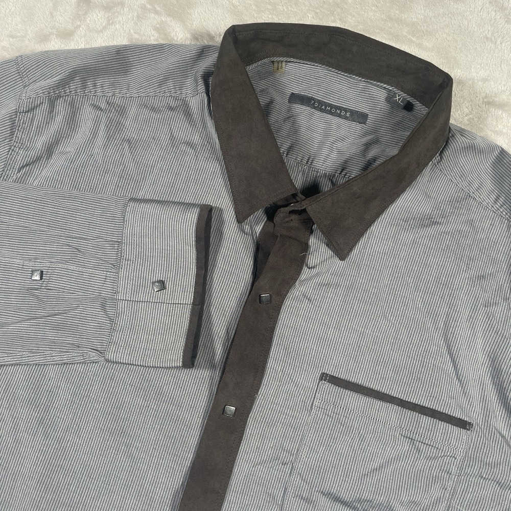 7 Diamonds Gray PinStripe Snap Button Up Shirt Suede Collar Mens XL Slim Fit‎